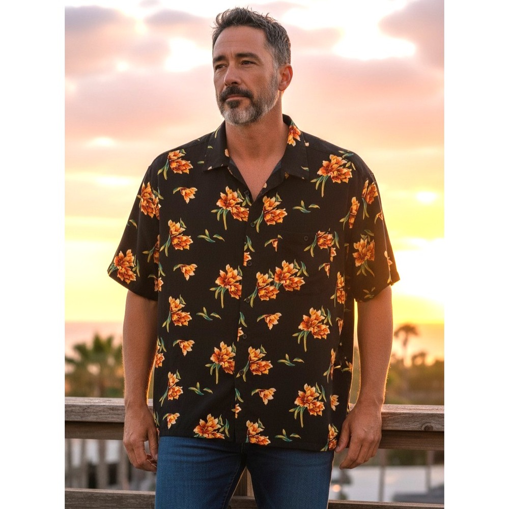 Vintage Tropical Shirt Mens 3XL Black Floral Luau Hawaii Short Sleeve Aloha Vaca